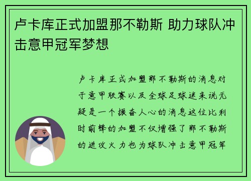 卢卡库正式加盟那不勒斯 助力球队冲击意甲冠军梦想